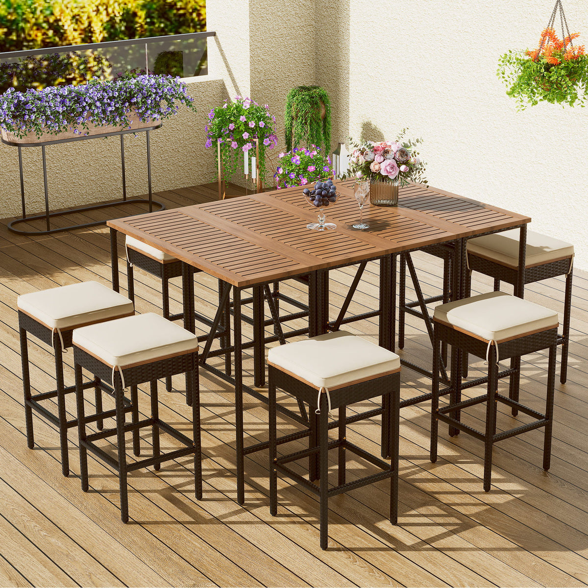 Outdoor Acacia Wood Bar Height Table and Eight Stools with Cushions