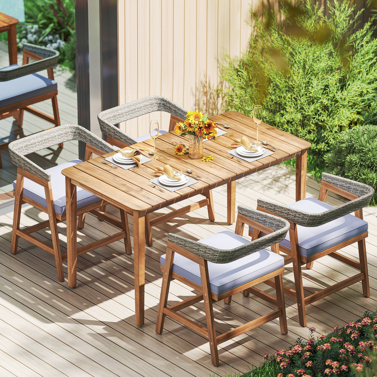 Outdoor Acacia Wood Patio Wicker Dining Chairs Set of 4 with Seat Cushion-Gray
