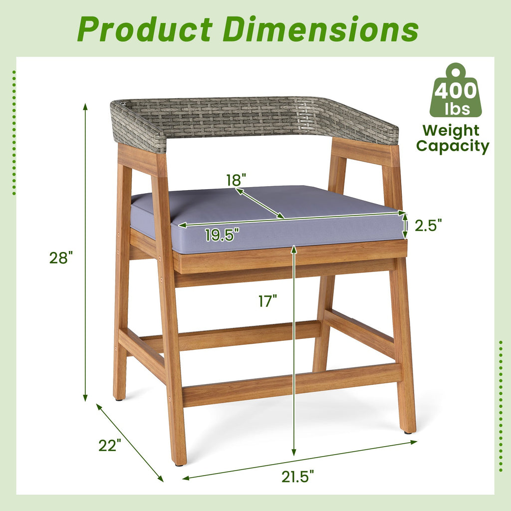 Outdoor Acacia Wood Patio Wicker Dining Chairs Set of 4 with Seat Cushion-Gray