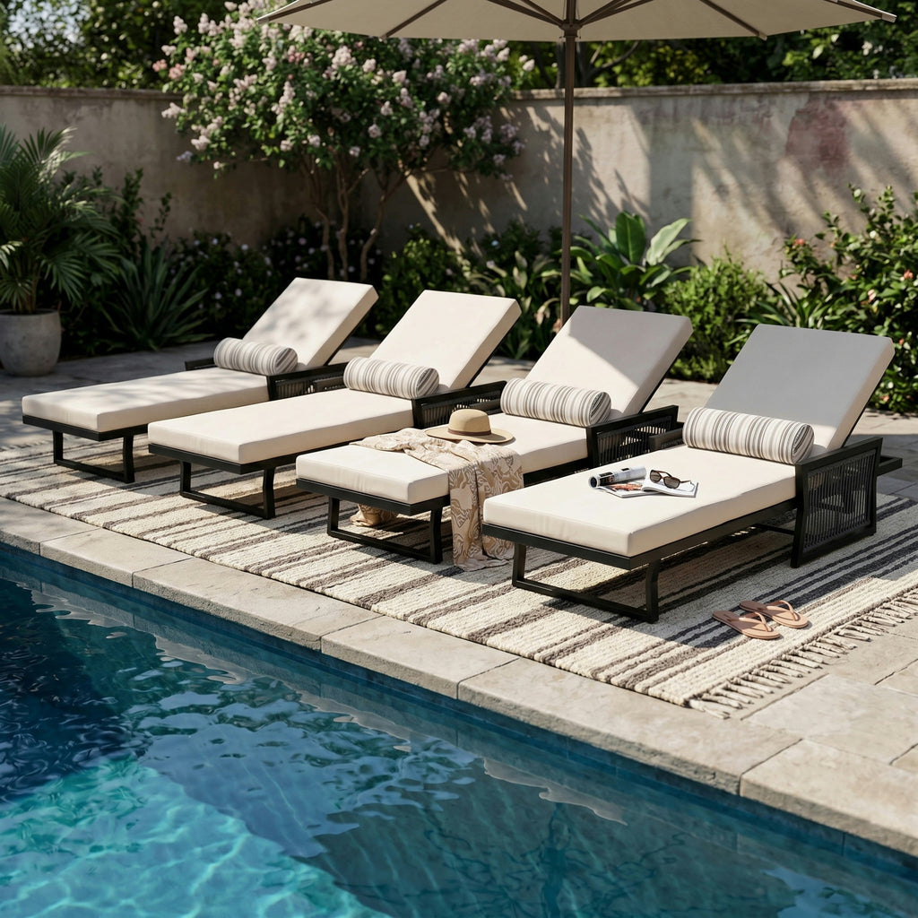 Black Iron Outdoor Chaise Lounge with Cream Cushion